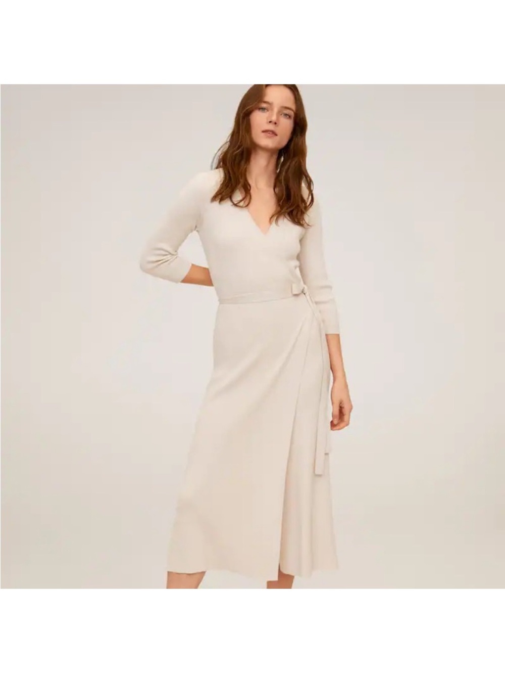Mango Cream Knit Wrap-Style Midi Dress